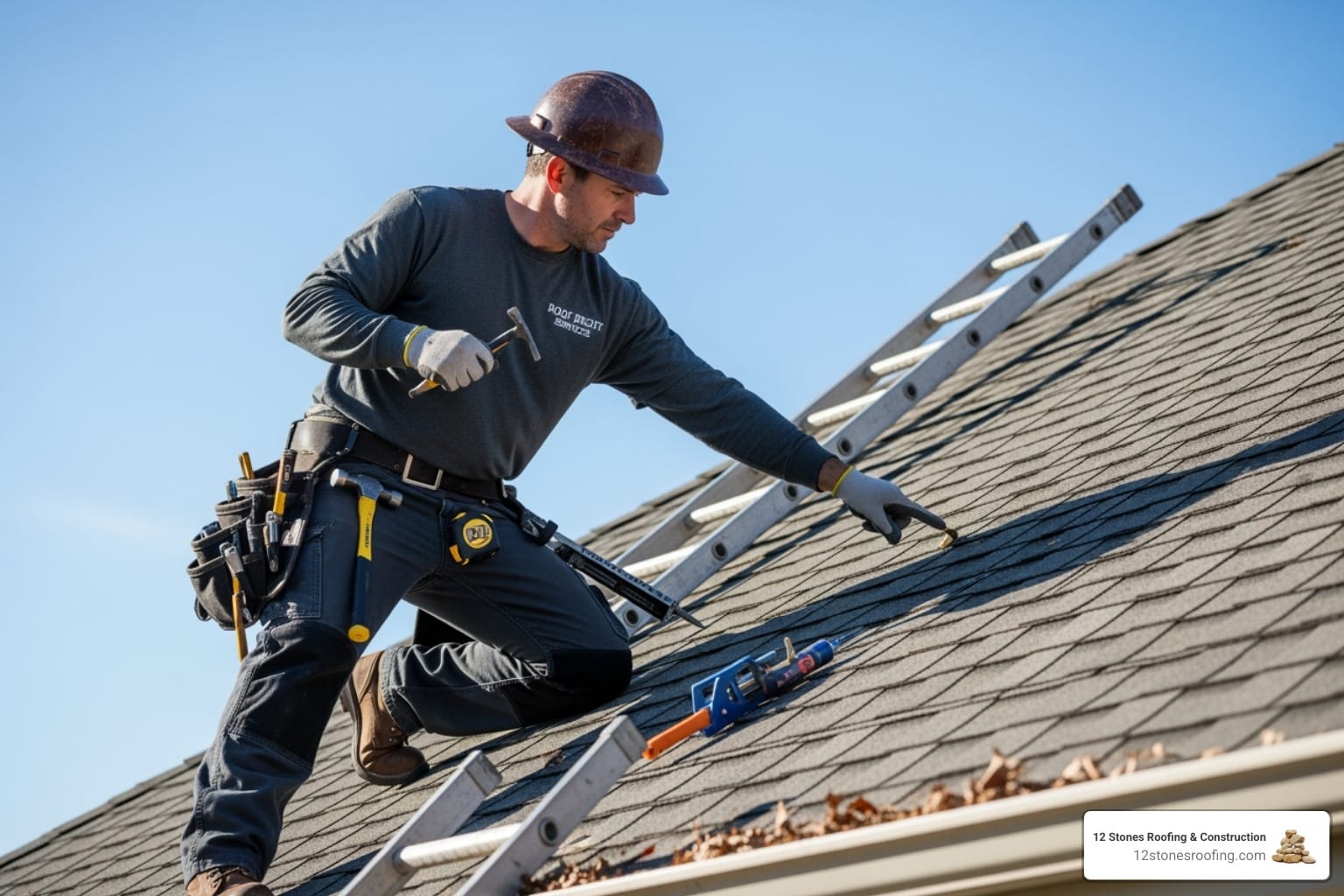 Professional roofing contractor wearing a hard hat and tool belt while inspecting and repairing asphalt shingles on a residential roof in La Porte TX