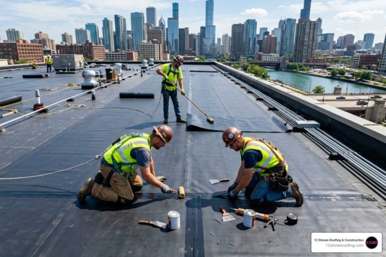 EPDM rubber roofing contractors installing membrane on commercial flat roof - epdm rubber roofing contractors