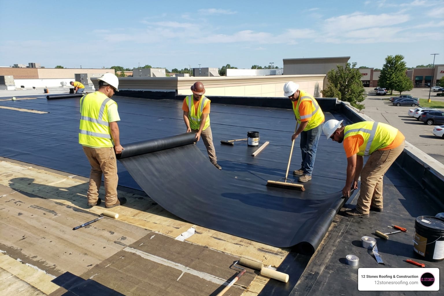 45 mil EPDM rubber flat roof installation
