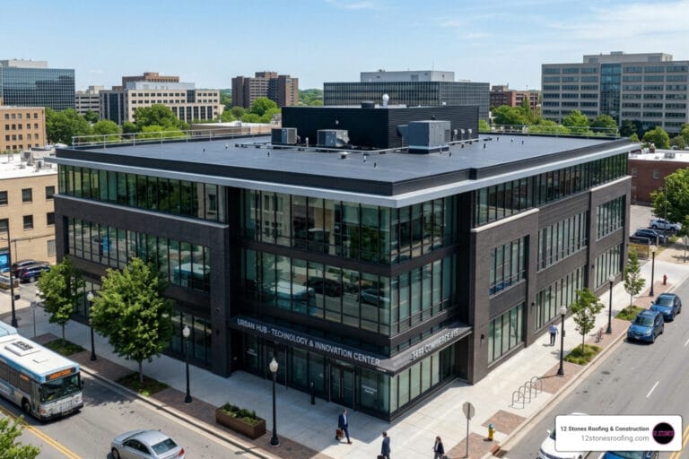 Black TPO roofing on a modern commercial building - Black TPO roofing